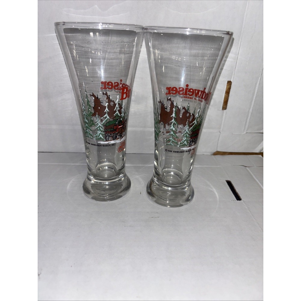 Vtg 1989 Budweiser Pilsner Beer Glasses Clydesdale Winter Holiday Christmas set - Picture 3 of 5